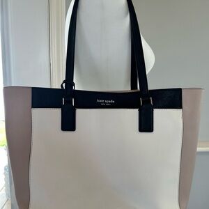 Kate Spade Cameron Colorblock Leather Tote Ivory Taupe Black Work Bag